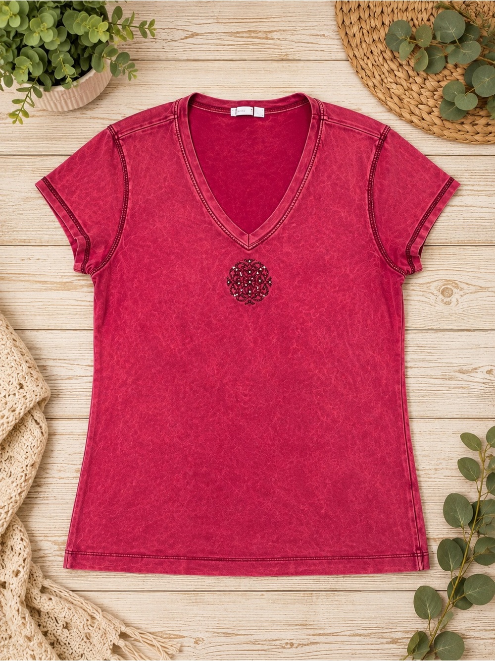 Women's V-Neck Short Sleeve Tee with Embellished Medallion 665